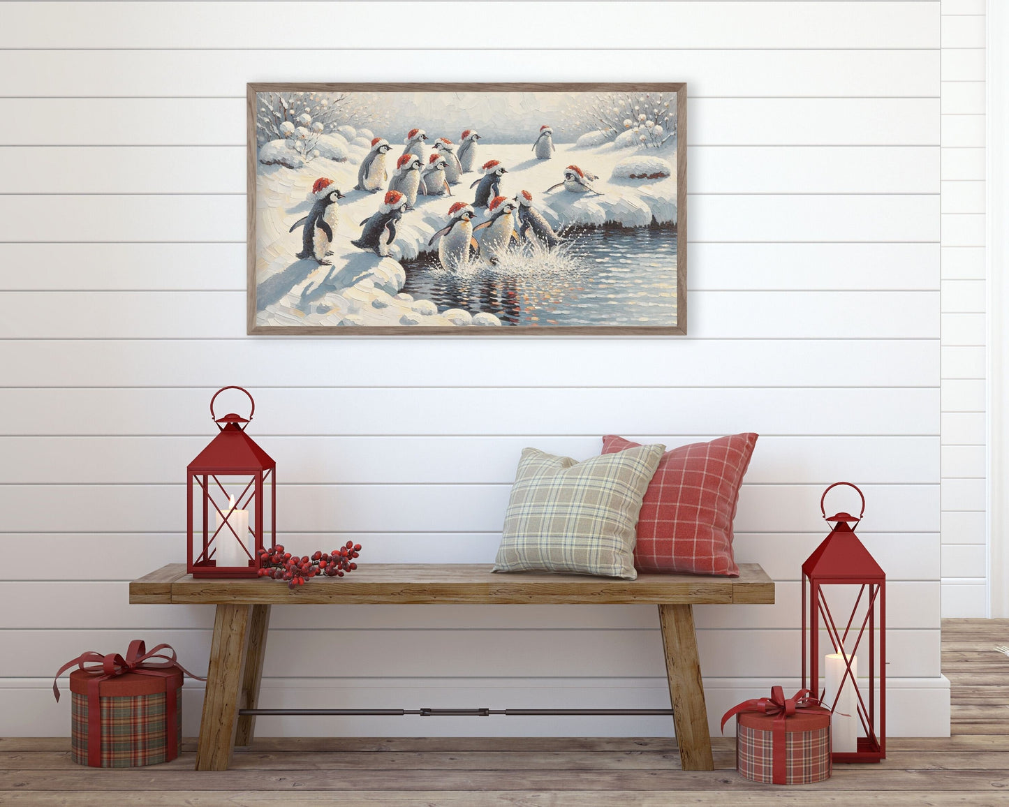 Christmas Penguins In Santa Hats Frame TV Art