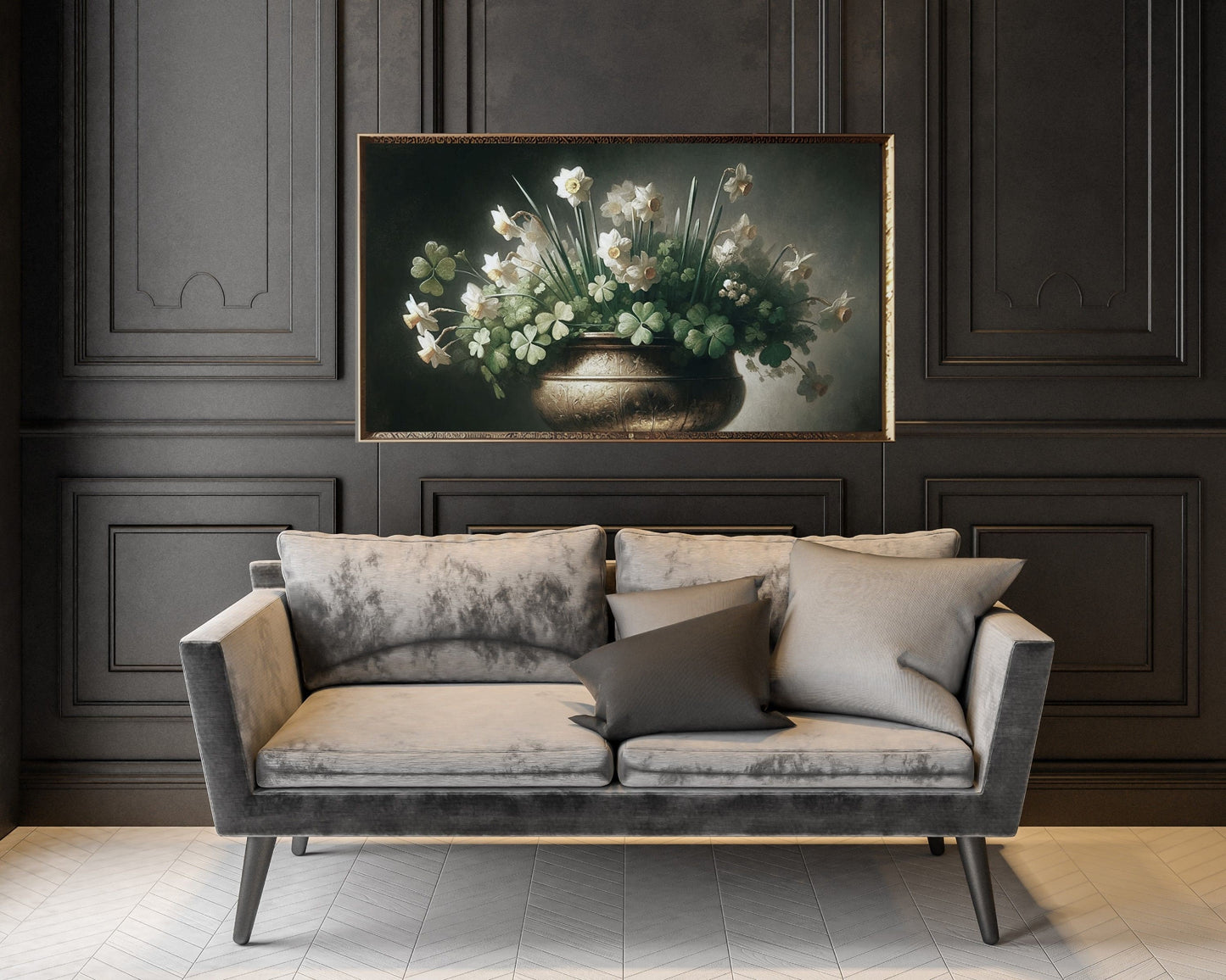 St Patrick's Day Shamrocks Daffodils In Gold Pot Frame TV Art