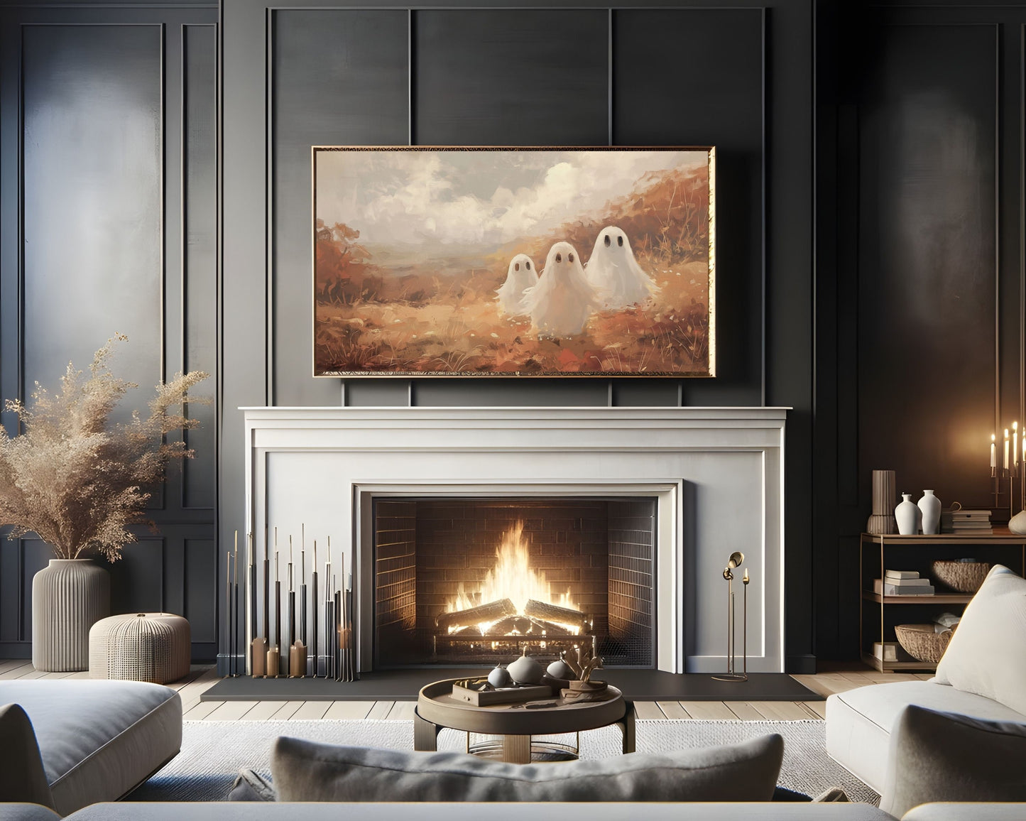 Halloween Ghost Family in Fall Landscape Frame TV Art