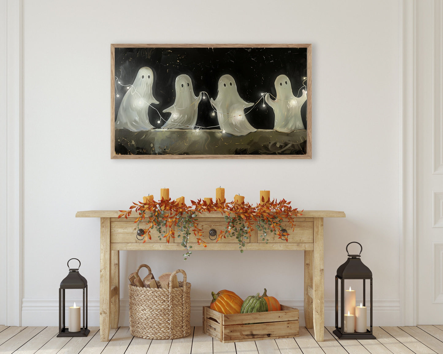 a painting of ghost on a wall above a table