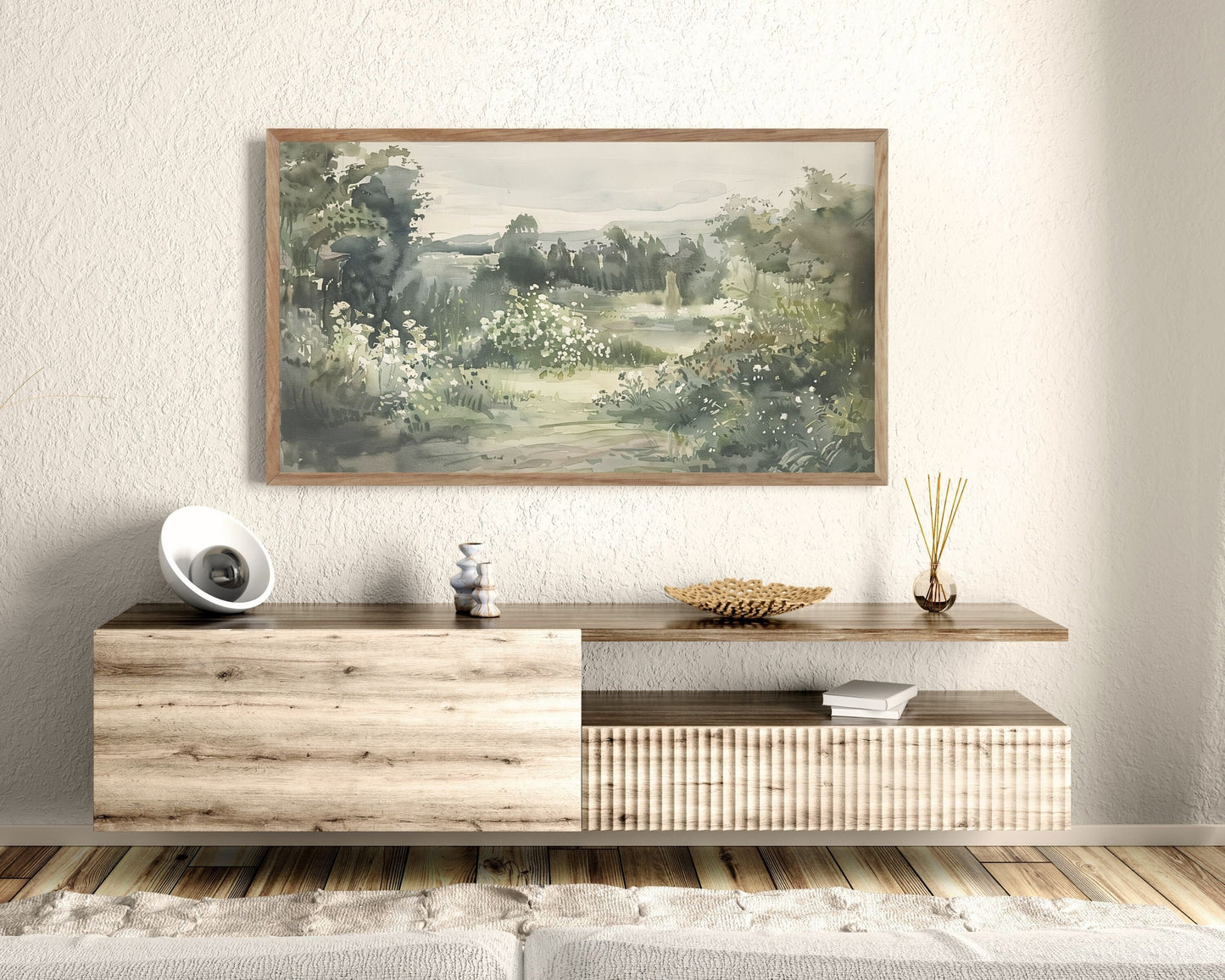 Green and White Floral Garden Frame TV Art