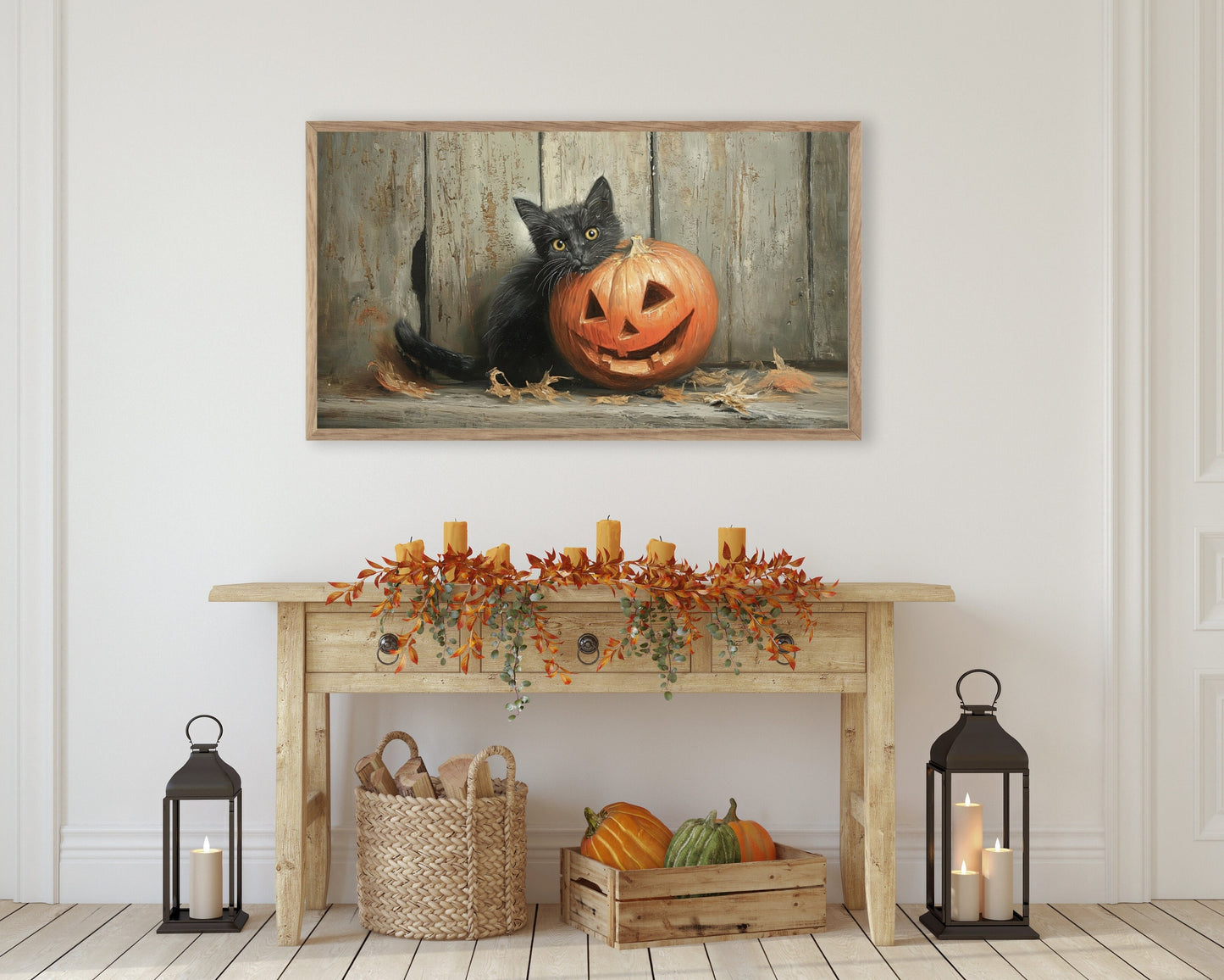 a painting of a cat sitting on a table with a pumpkin