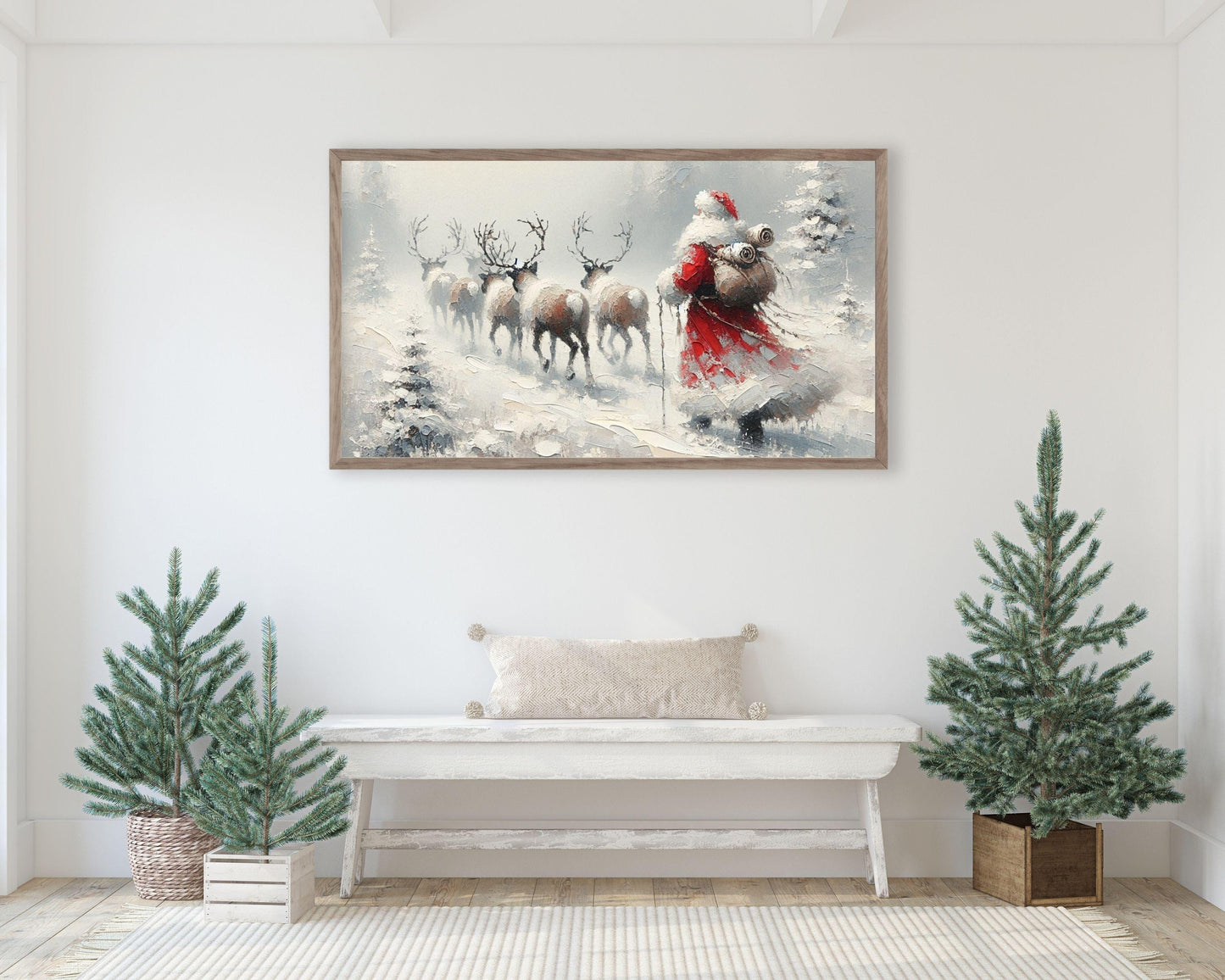 Santa Walking with Reindeer Christmas Frame TV Art