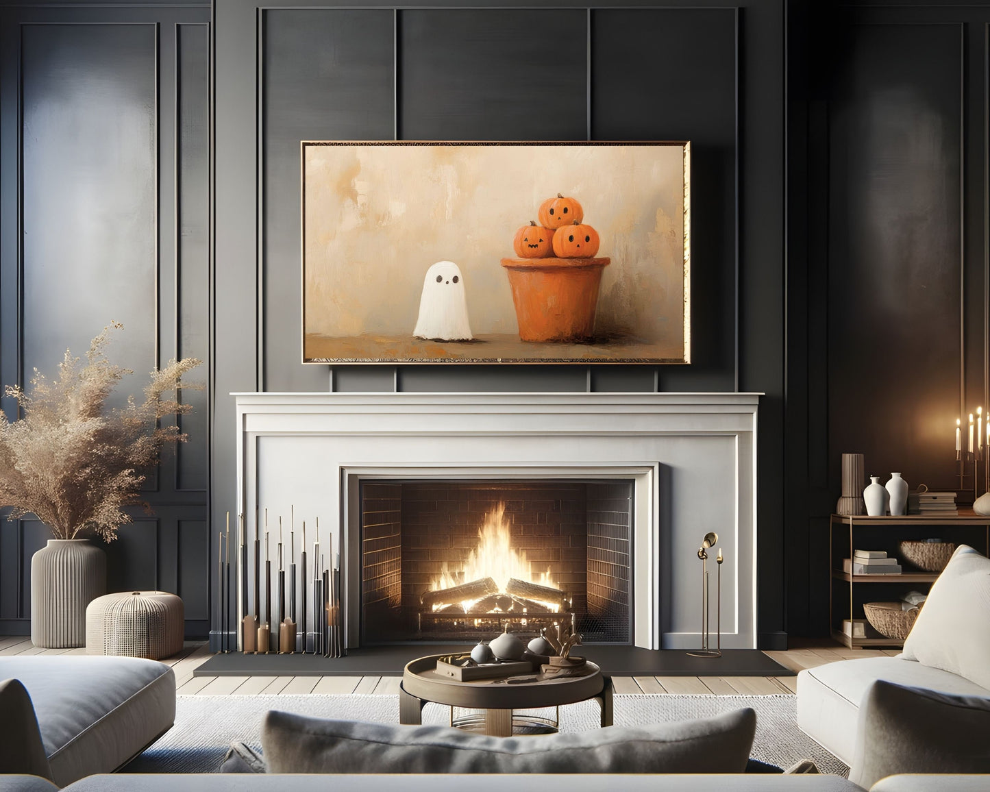 Cute Ghost and Pumpkin Stack Halloween Frame TV Art