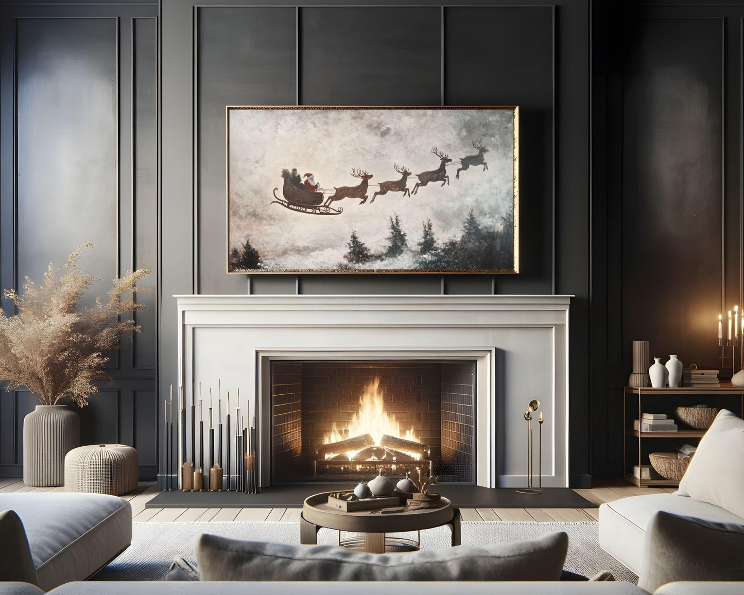 Santa's Sleigh and Reindeer Christmas Frame TV Art