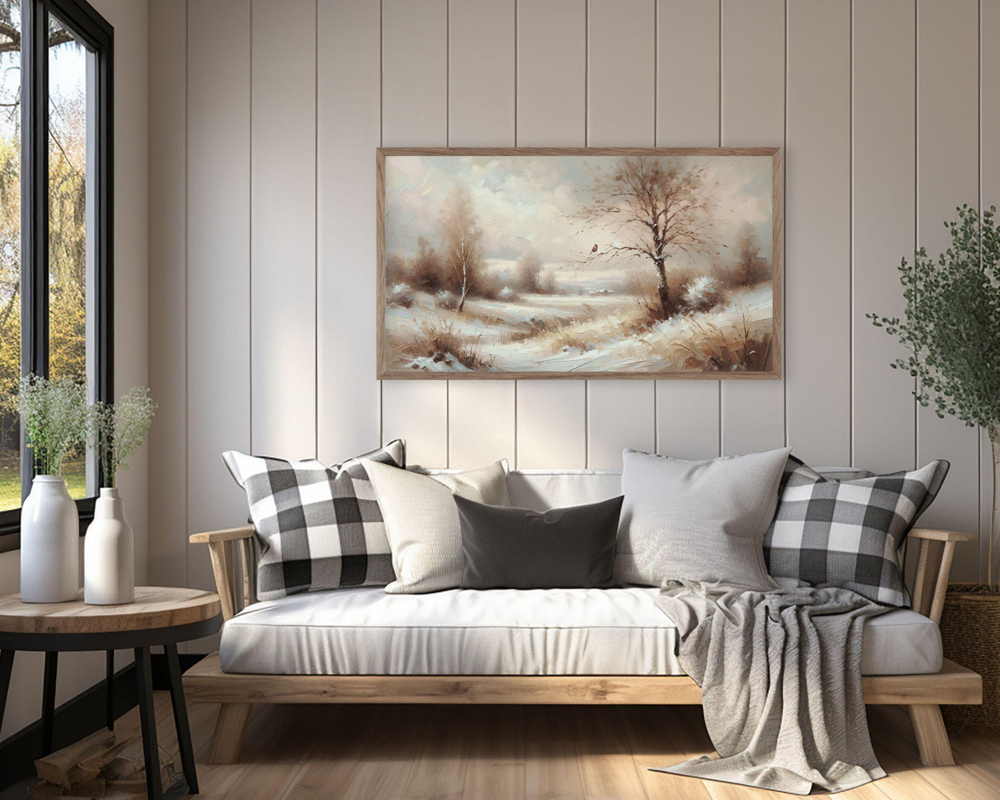 Bird in Winter Landscape Neutral Frame TV Art