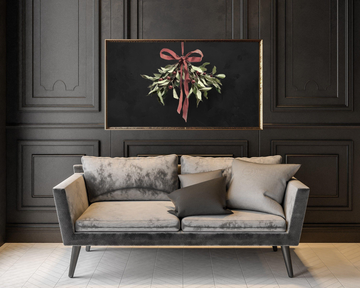 Christmas Mistletoe with Burgundy Bow Frame TV Art