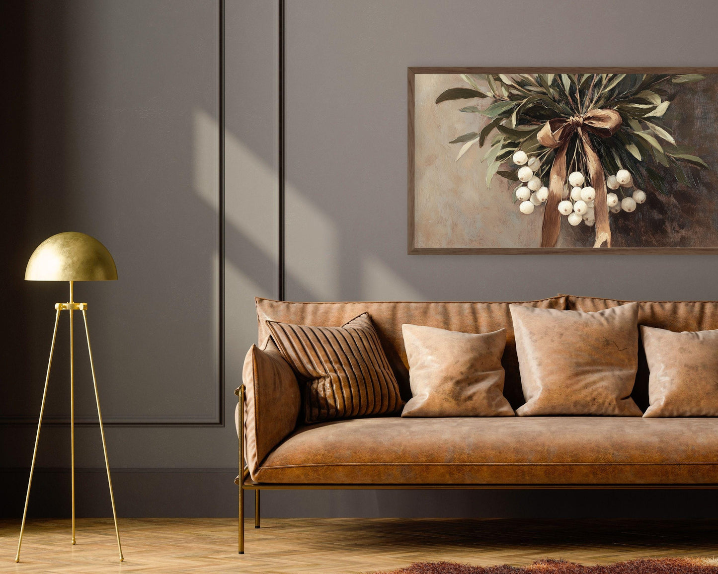 Christmas Mistletoe with Brown Bow Frame TV Art