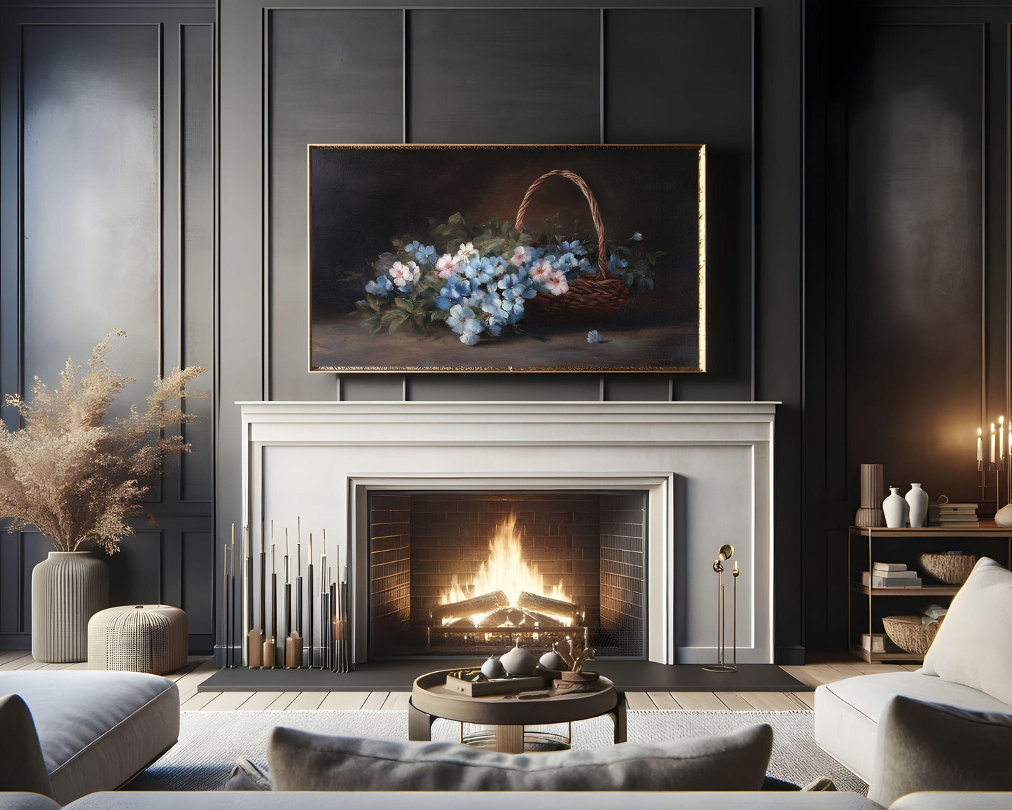 Moody Blue Floral Basket Frame TV Art