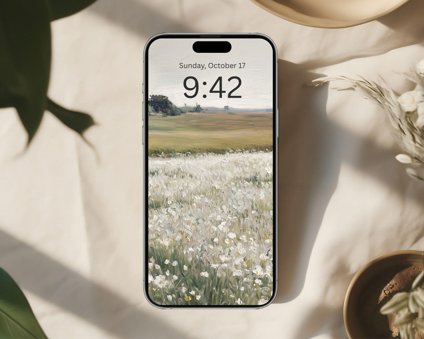 White Floral Landscape Phone Wallpaper