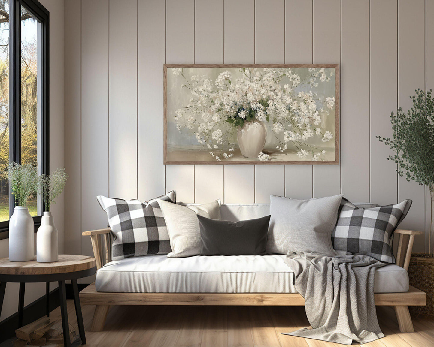 White Flowers in Rustic Farmhouse Frame TV Art