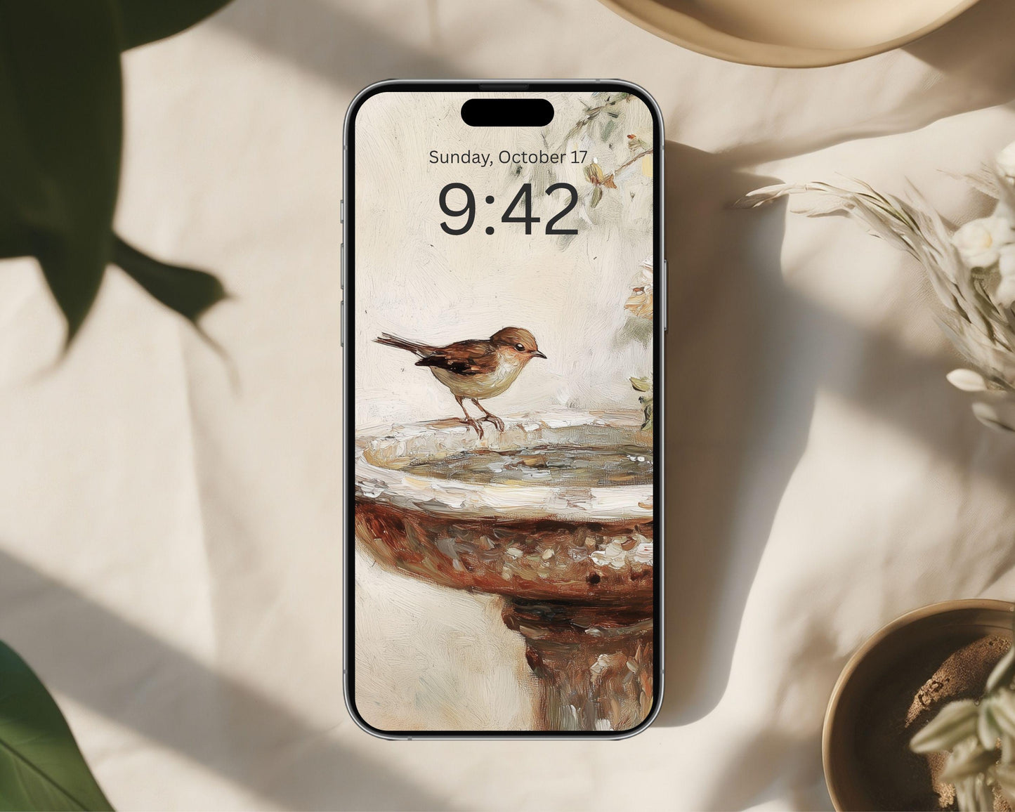 Bird at Birdbath Phone Wallpaper