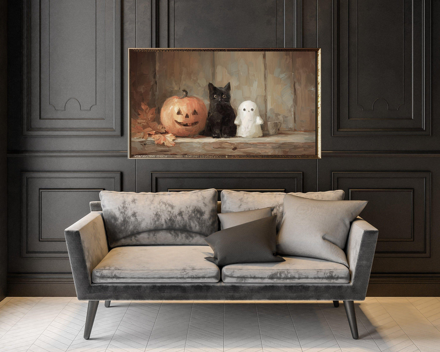 Halloween Ghost, Black Cat and Pumpkin Frame TV Art