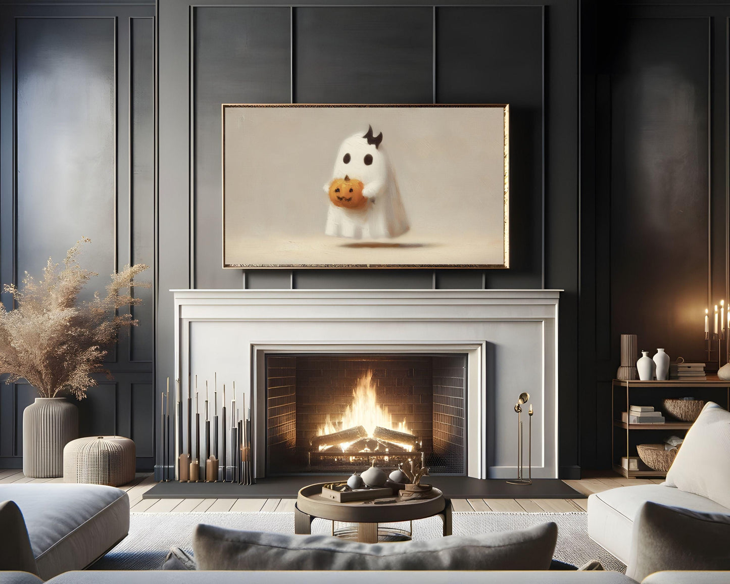 Cute Ghost with Bat Bow Frame TV Art