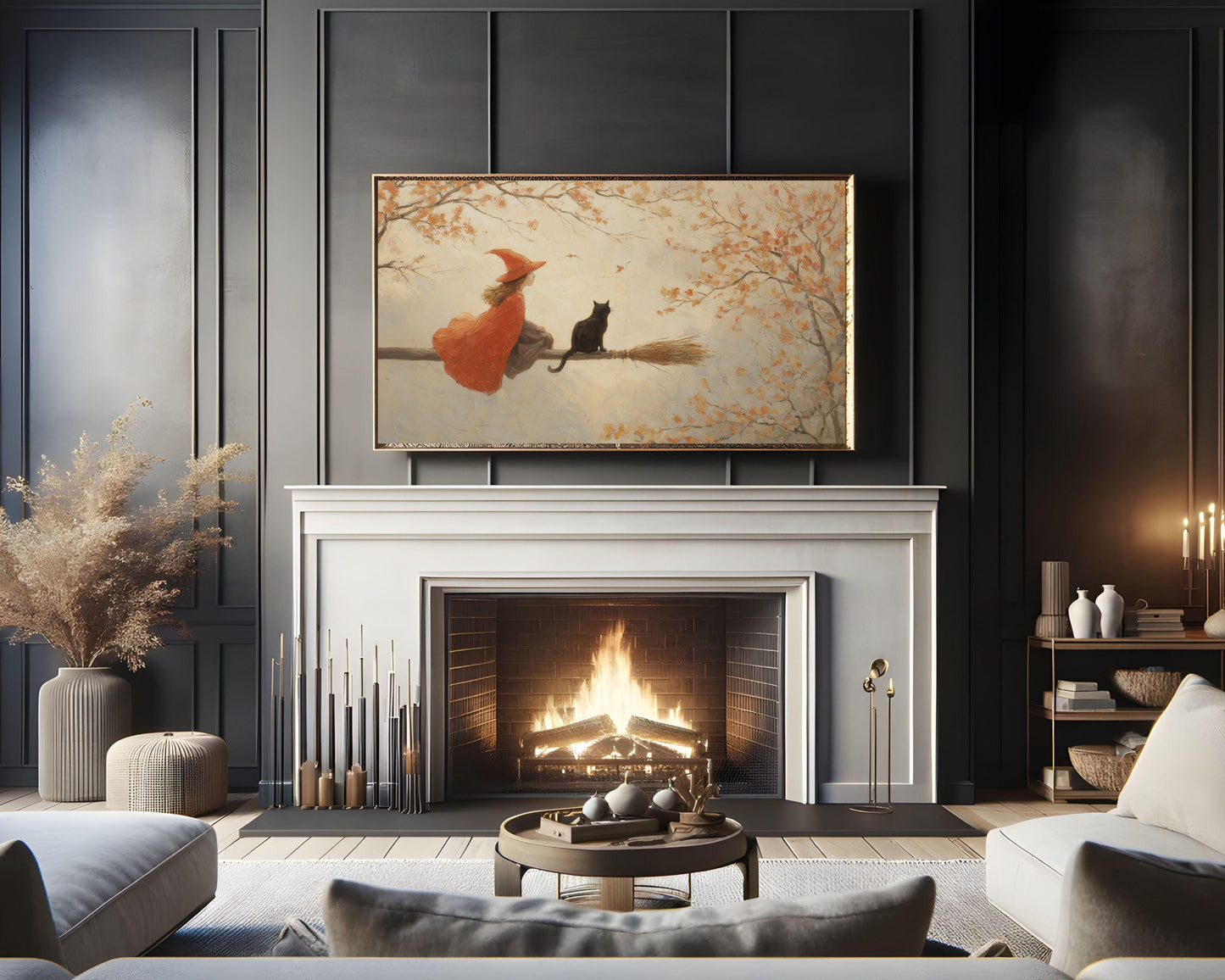 Witch and Black Cat on Broomstick Frame TV Art