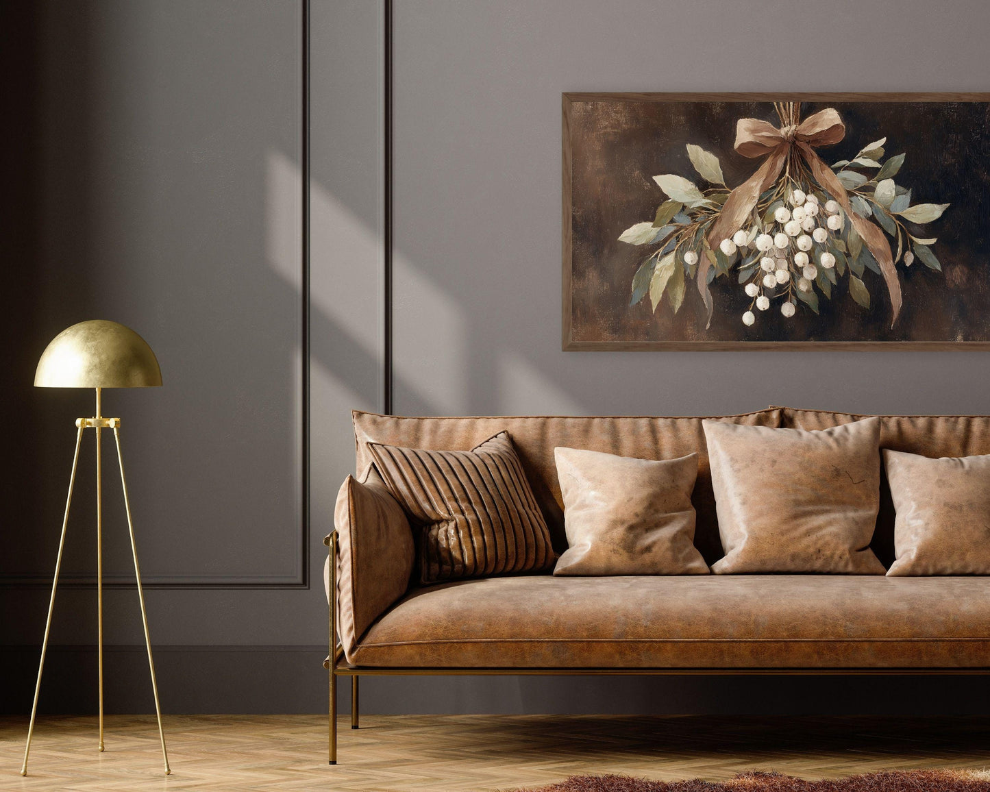 Moody Mistletoe with Brown Bow Frame TV Art