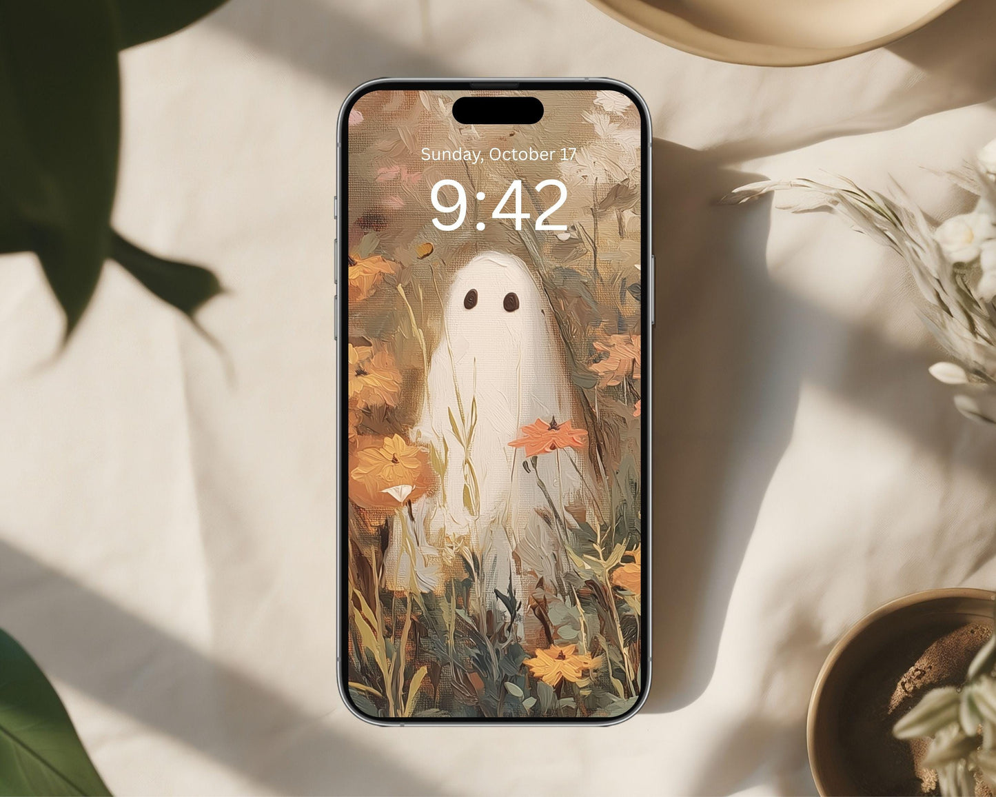 Cute Ghosts in Wildflowers Phone Wallpaper