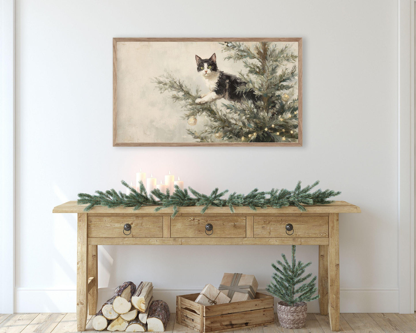 Cat on Christmas Tree Frame TV Art