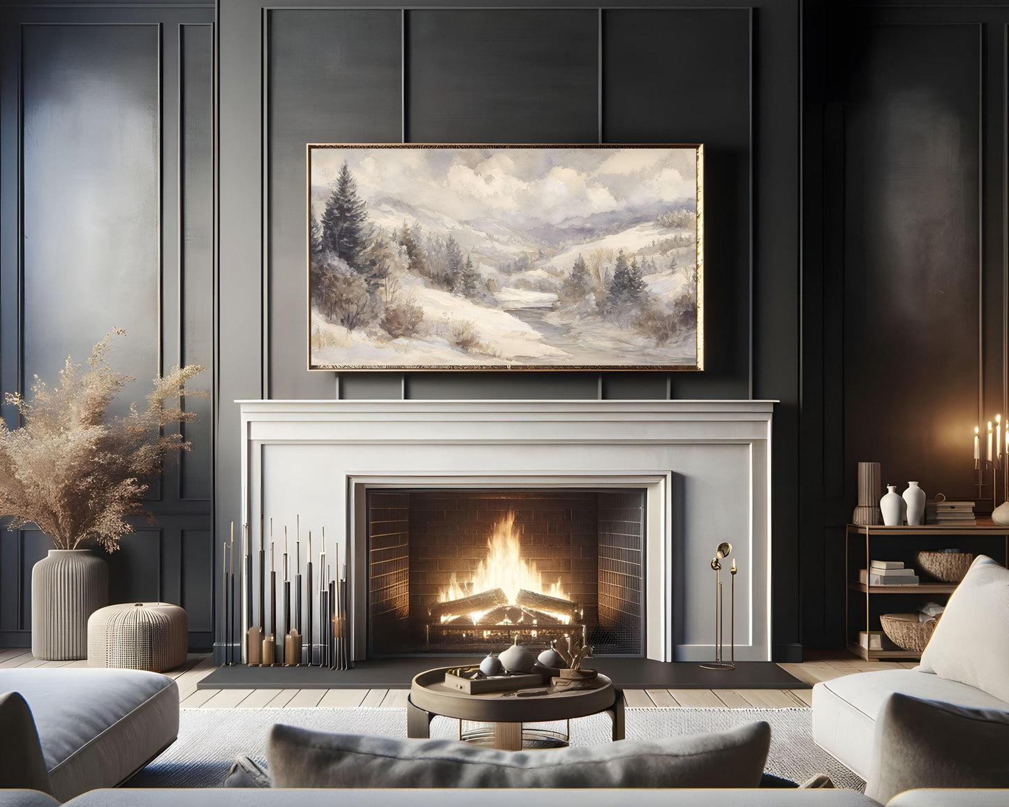 FRAME TV art Winter Landscape, Samsung Frame TV art Vintage Watercolor Style Neutral Painting | TV1001