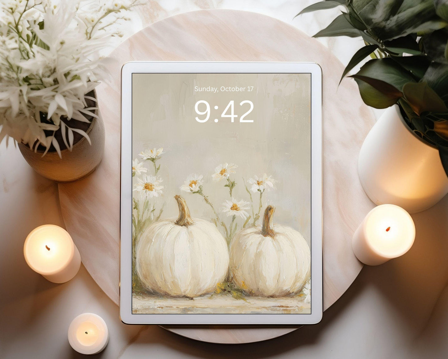 Pumpkins and Daisies Desktop Wallpaper Set, Fall Phone Wallpaper, Autumn iPhone Wallpaper, Neutral iPad Background Vintage Style | WS126