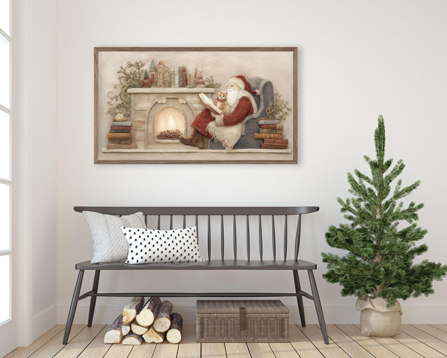 FRAME TV art Santa Reading with Cat Felt Style, Samsung Frame TV art Cute Christmas Picture for Kids, Cat Lover Christmas | TV1013