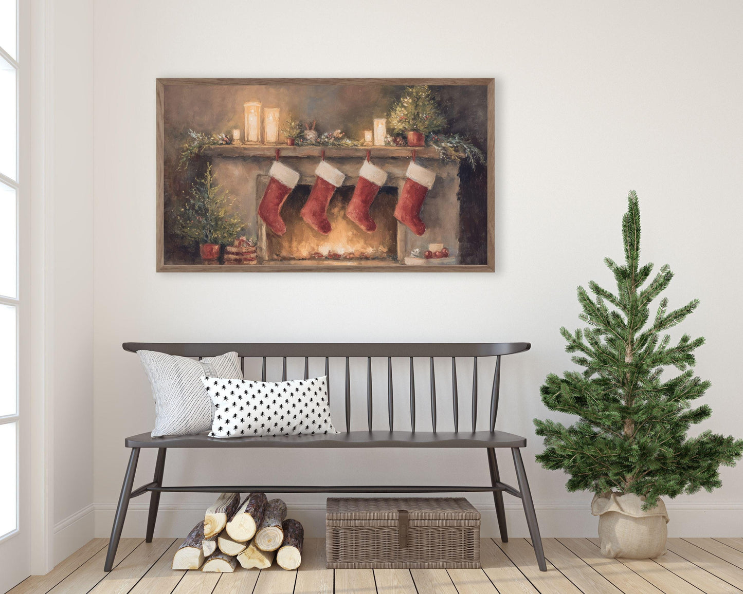 FRAME TV art Christmas Stockings by Fireplace, Samsung Frame TV art Cozy Winter Holiday Vintage Style Painting | TV984