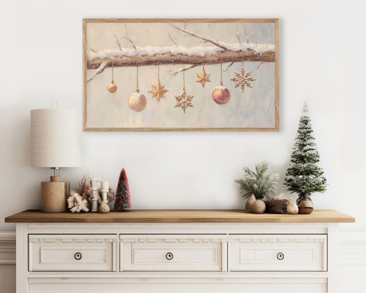 FRAME TV art Christmas Ornaments, Samsung Frame TV art Neutral vintage style festive painting | TV991