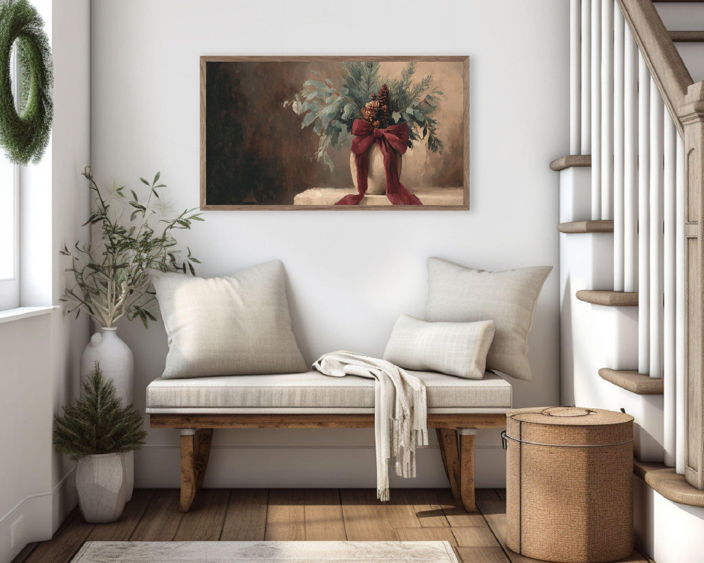 FRAME TV art Festive Botanicals with Burgundy Bow, Samsung Frame TV art Moody Holiday Season Vintage Style Painting | TV1019