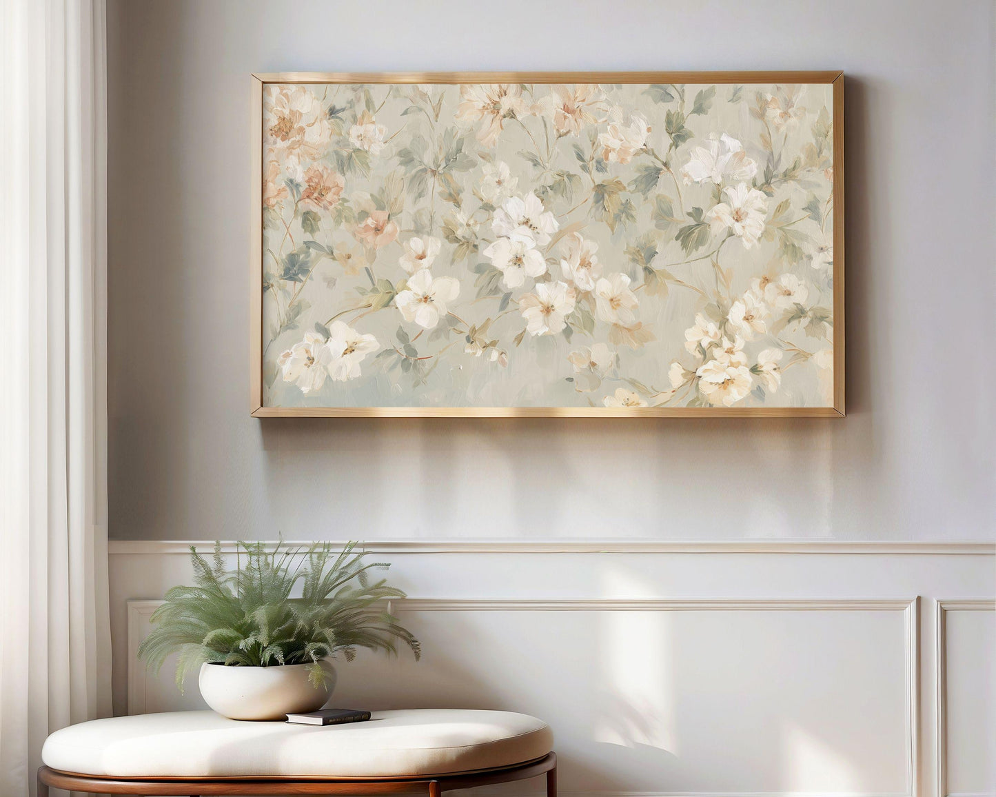 FRAME TV art Pastel Fall Florals, Samsung Frame TV art Vintage Style Painting, White Green Orange Botanical Flower Pattern | TV997