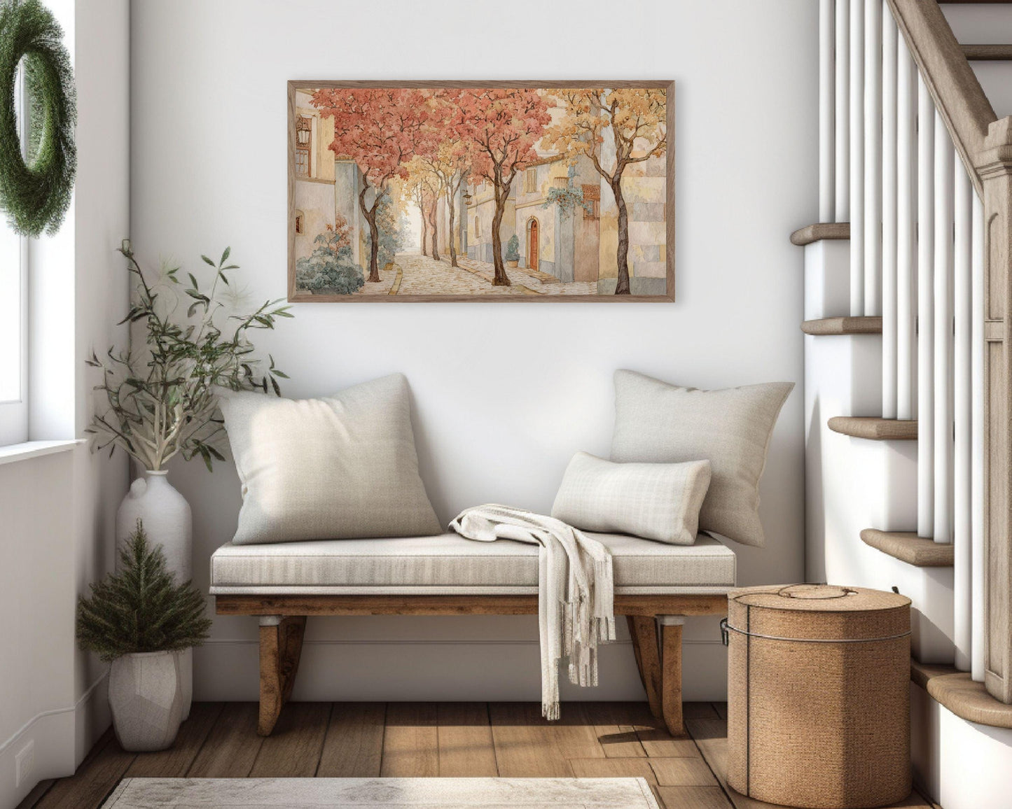 FRAME TV art Fall Tree-Lined Street, Samsung Frame TV art Autumn Vintage Watercolor Style Painting | TV1005