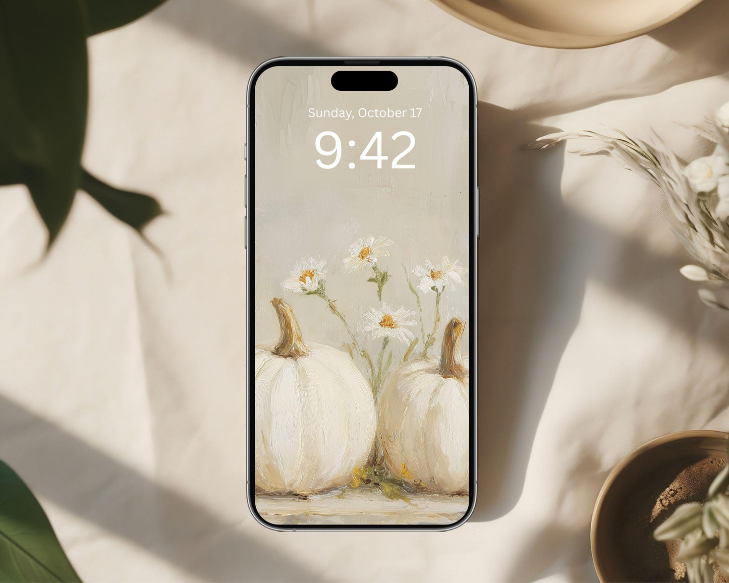 White Pumpkins Phone Wallpaper, Fall iPhone Wallpaper, Autumn Samsung Galaxy Phone Background, Neutral Vintage Style Art | WP126