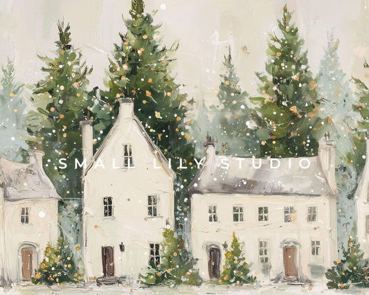 FRAME TV art White Christmas Houses, Samsung Frame TV art Winter Holiday Vintage Style Painting | TV1030
