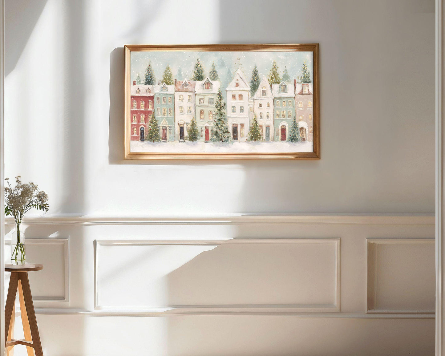 FRAME TV art Pastel Christmas Houses, Samsung Frame TV art Cute Winter Holiday Vintage Style Painting | TV1031
