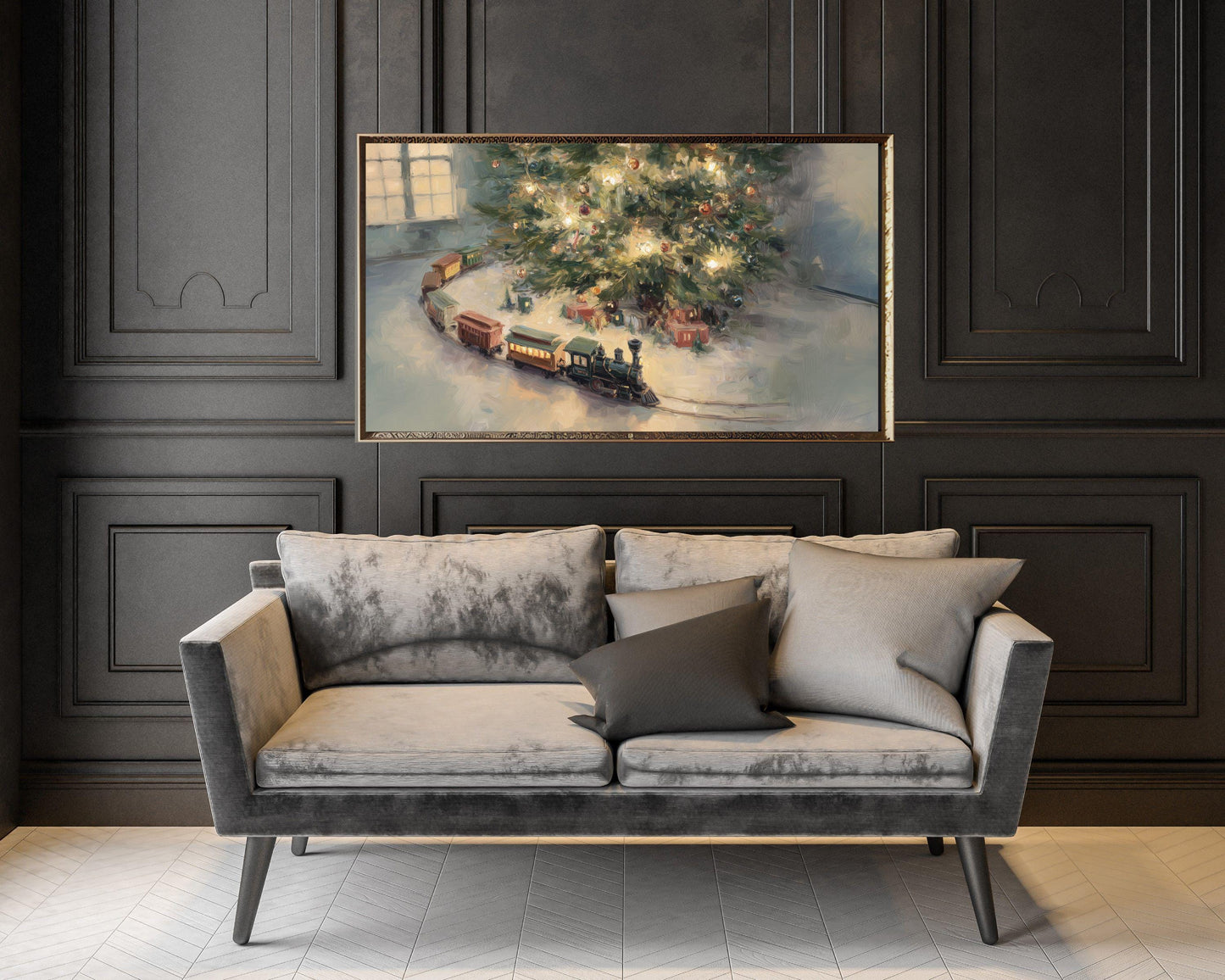 FRAME TV art Toy Train Under Christmas Tree, Samsung Frame TV art Cozy Holiday Vintage Style Painting | TV1033
