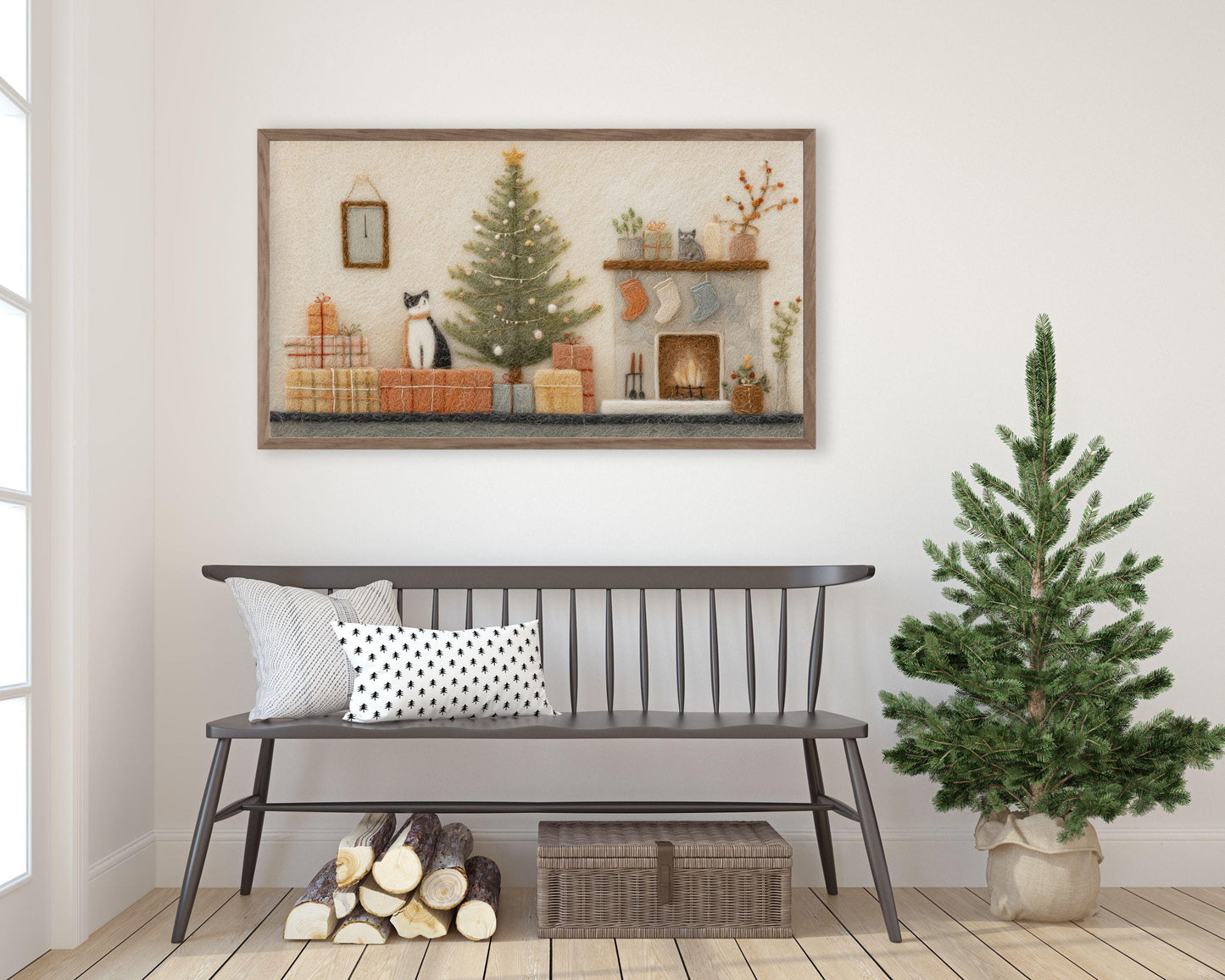 FRAME TV art Christmas Felt Style Room, Samsung Frame TV art Cute Christmas Picture for Kids, Cat Lover Christmas | TV1014