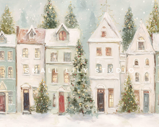 Pastel Christmas Houses Desktop Wallpaper Set, Holiday Phone Wallpaper, Winter iPhone Wallpaper, iPad Background Cute Picture | WS145