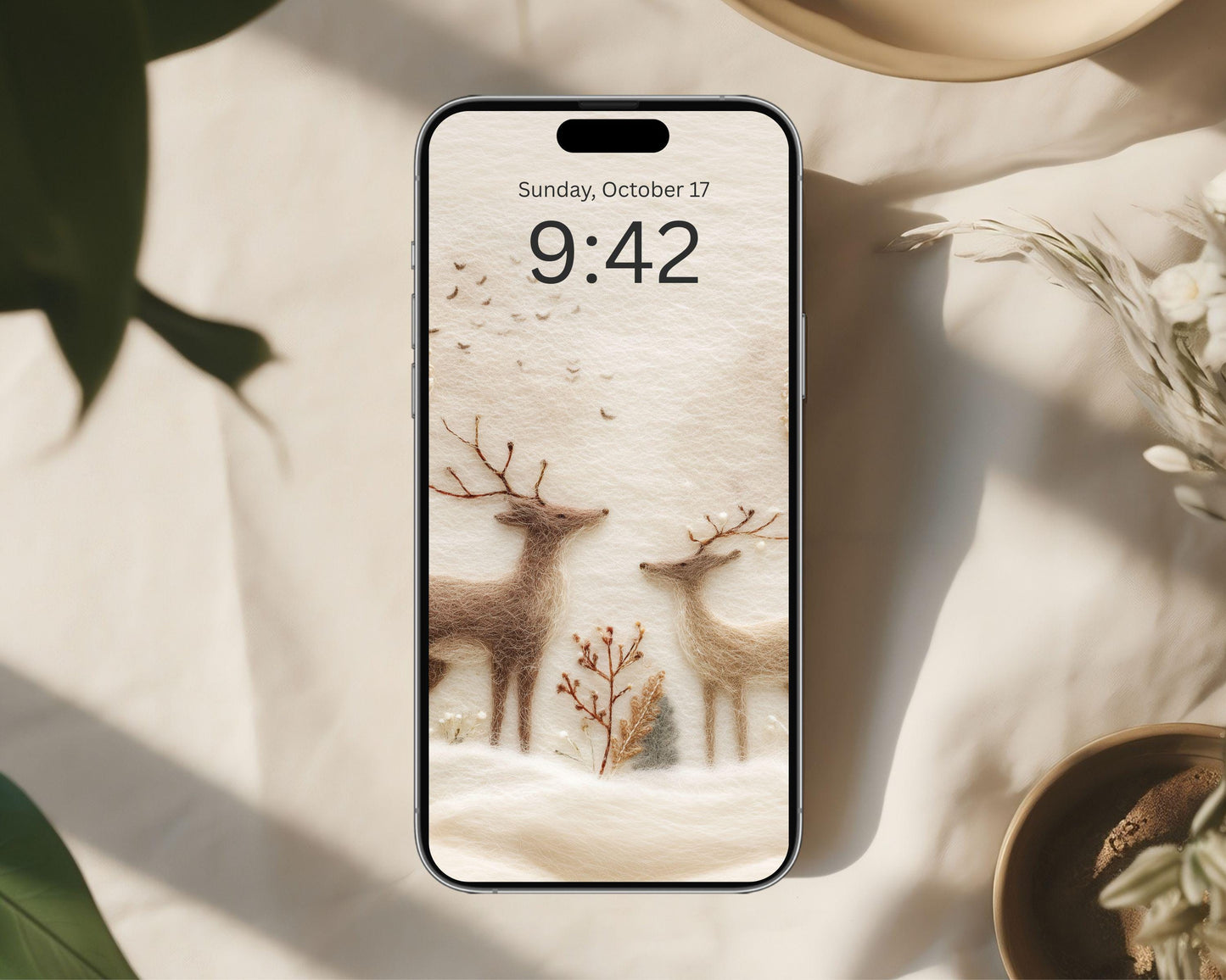 Deer Felt Style Phone Wallpaper, Holidays iPhone Wallpaper, Cute Winter Samsung Galaxy Phone Background | WP134