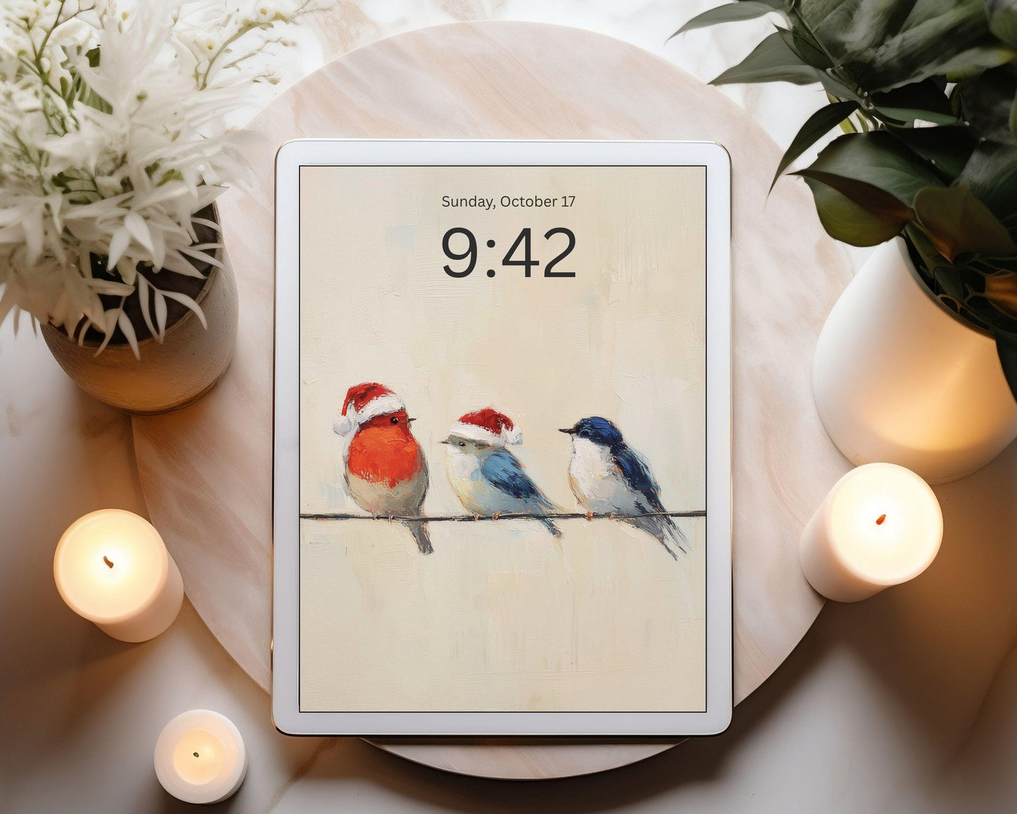 Birds in Santa Hats Desktop Wallpaper Set, Christmas Phone Wallpaper, Holiday iPhone Wallpaper, iPad Background Vintage Style | WS141