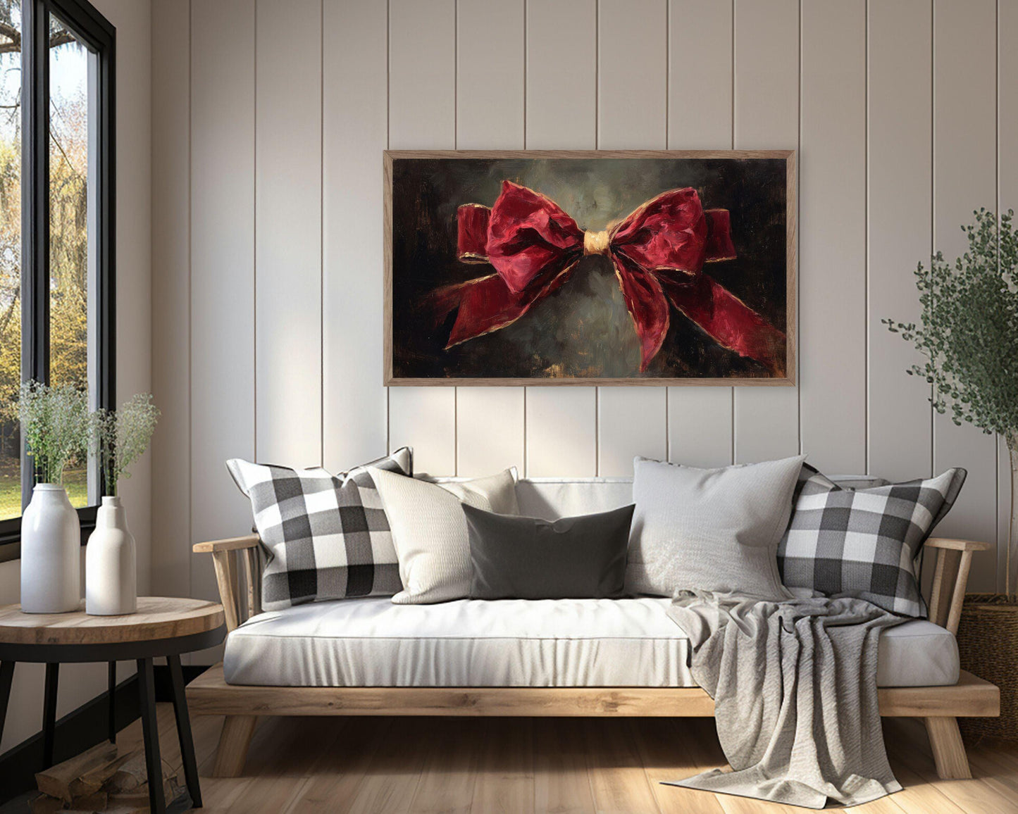 FRAME TV art Red Velvet Bow, Samsung Frame TV art Burgundy Christmas Vintage Style Painting | TV1053