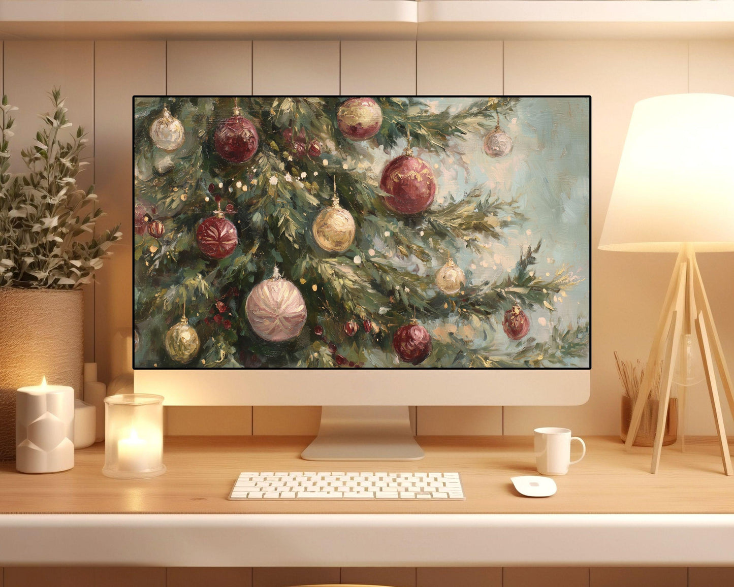 Burgundy Christmas Desktop Wallpaper Set, Christmas Tree Phone Wallpaper, Holiday iPhone Wallpaper, Vintage Style iPad Background | WD147