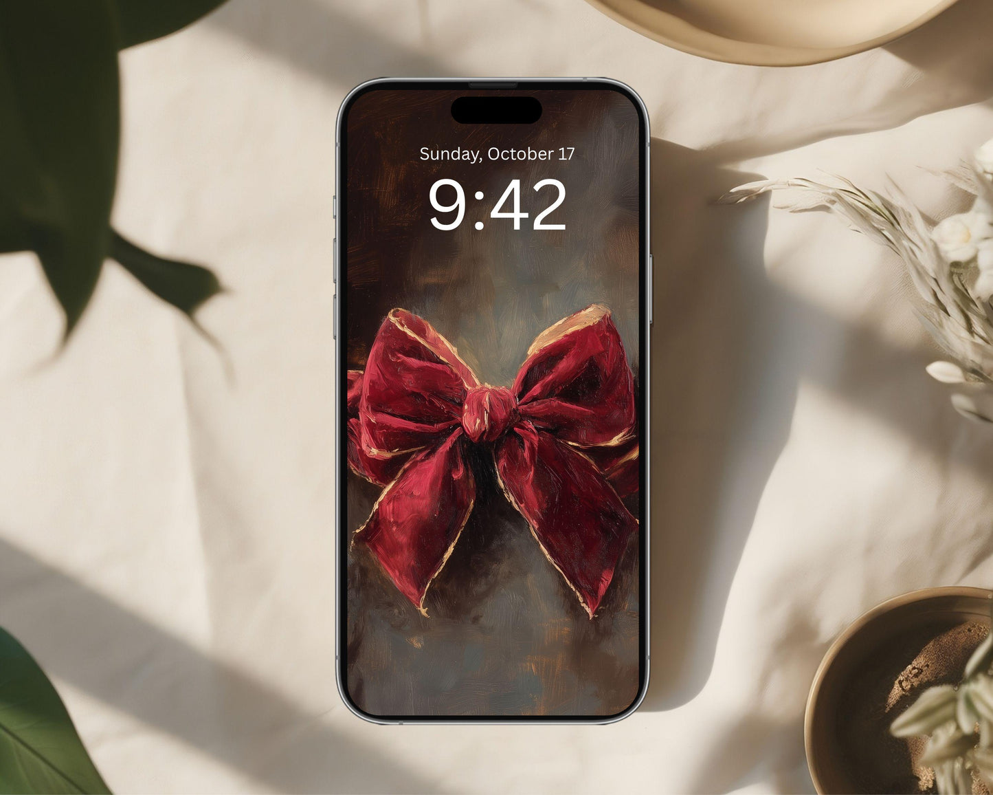 Red Velvet Bow Phone Wallpaper, Holiday iPhone Wallpaper, Christmas Samsung Galaxy Phone Background, Cute Christmas Art | WP151