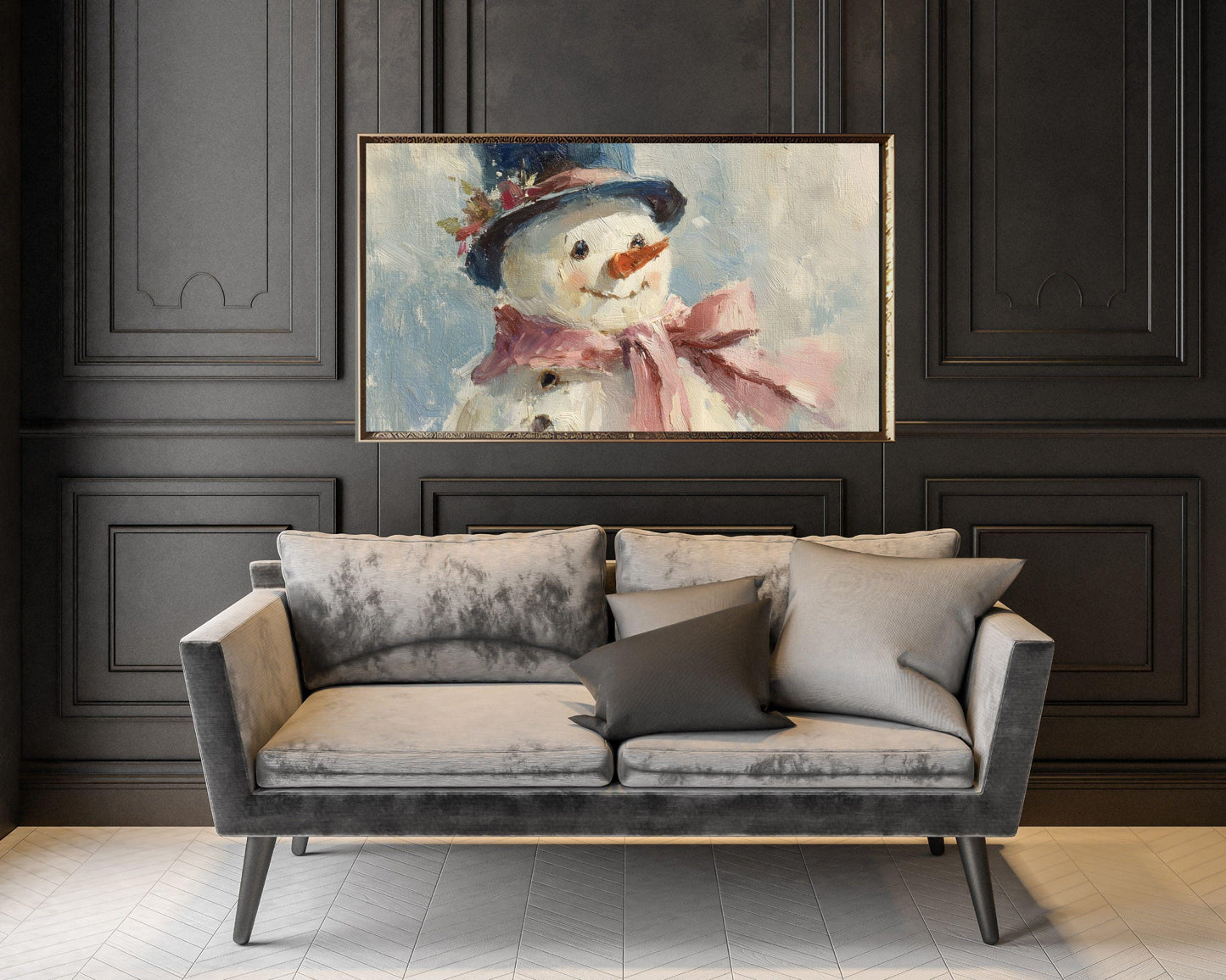 FRAME TV art Cute Snowman with Pink Bow, Samsung Frame TV art Christmas Winter Holiday Vintage Style Painting | TV1043