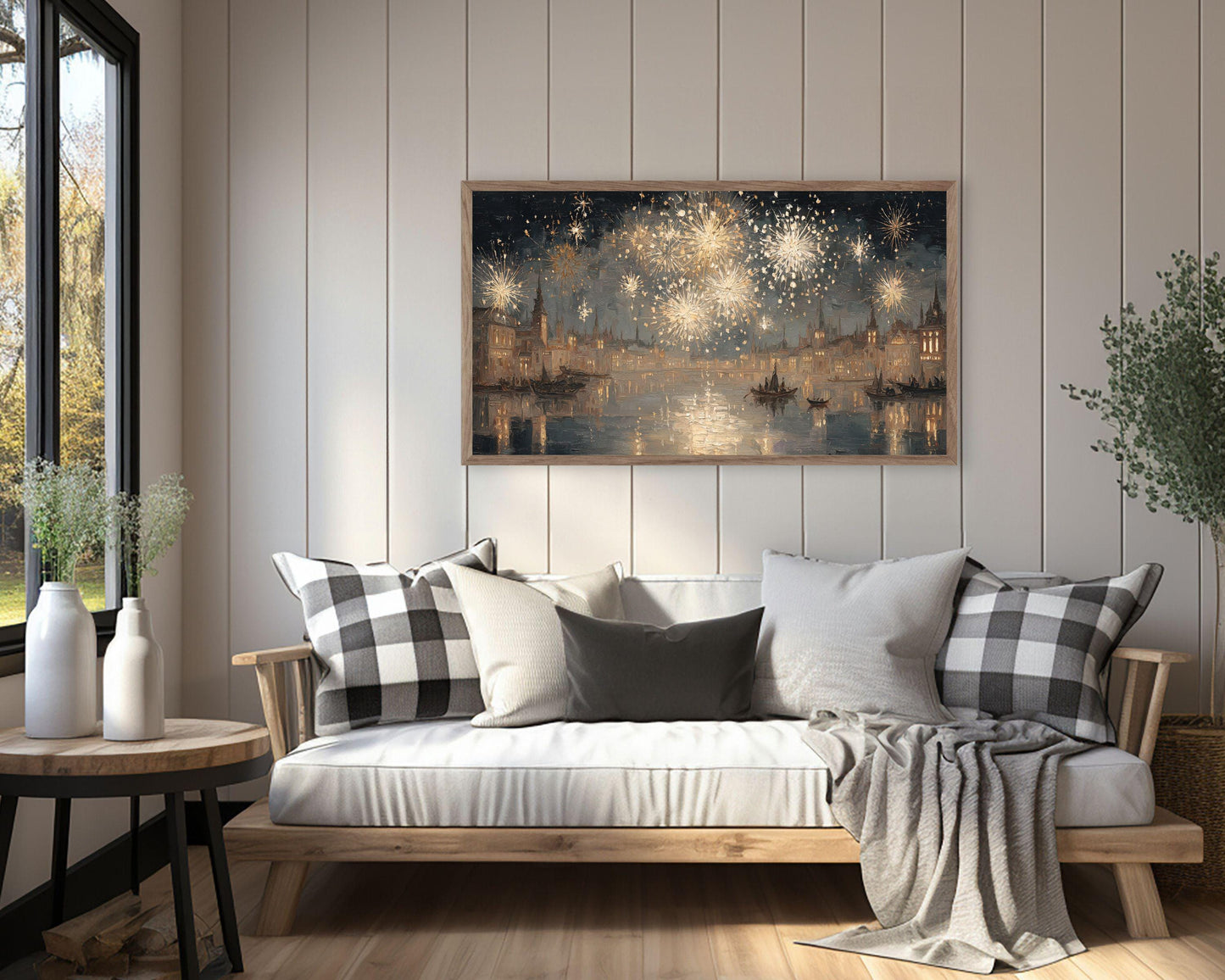 FRAME TV art Gold Fireworks over River, Samsung Frame TV art New Years Celebration, Vintage Style Painting for Party| TV1071