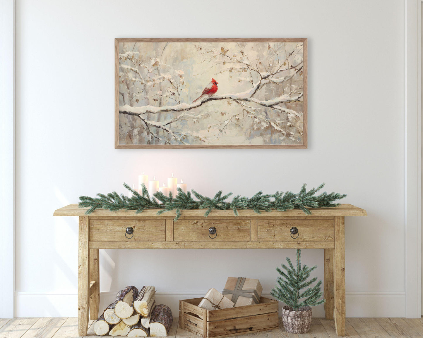 FRAME TV art Red Cardinal on Branch, Samsung Frame TV art Christmas, Winter Holiday Vintage Style tv screensaver | TV1081