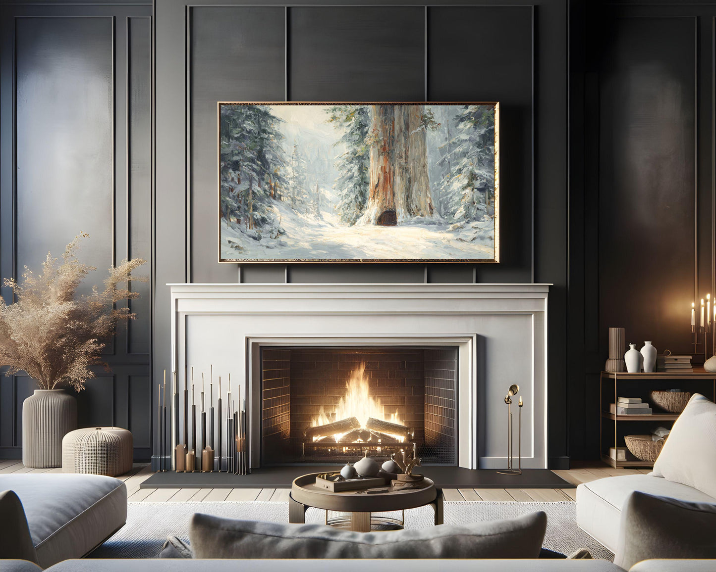 FRAME TV art Giant Tree in Snow, Samsung Frame TV art Winter Forest Landscape, Vintage Style Painting | TV1088