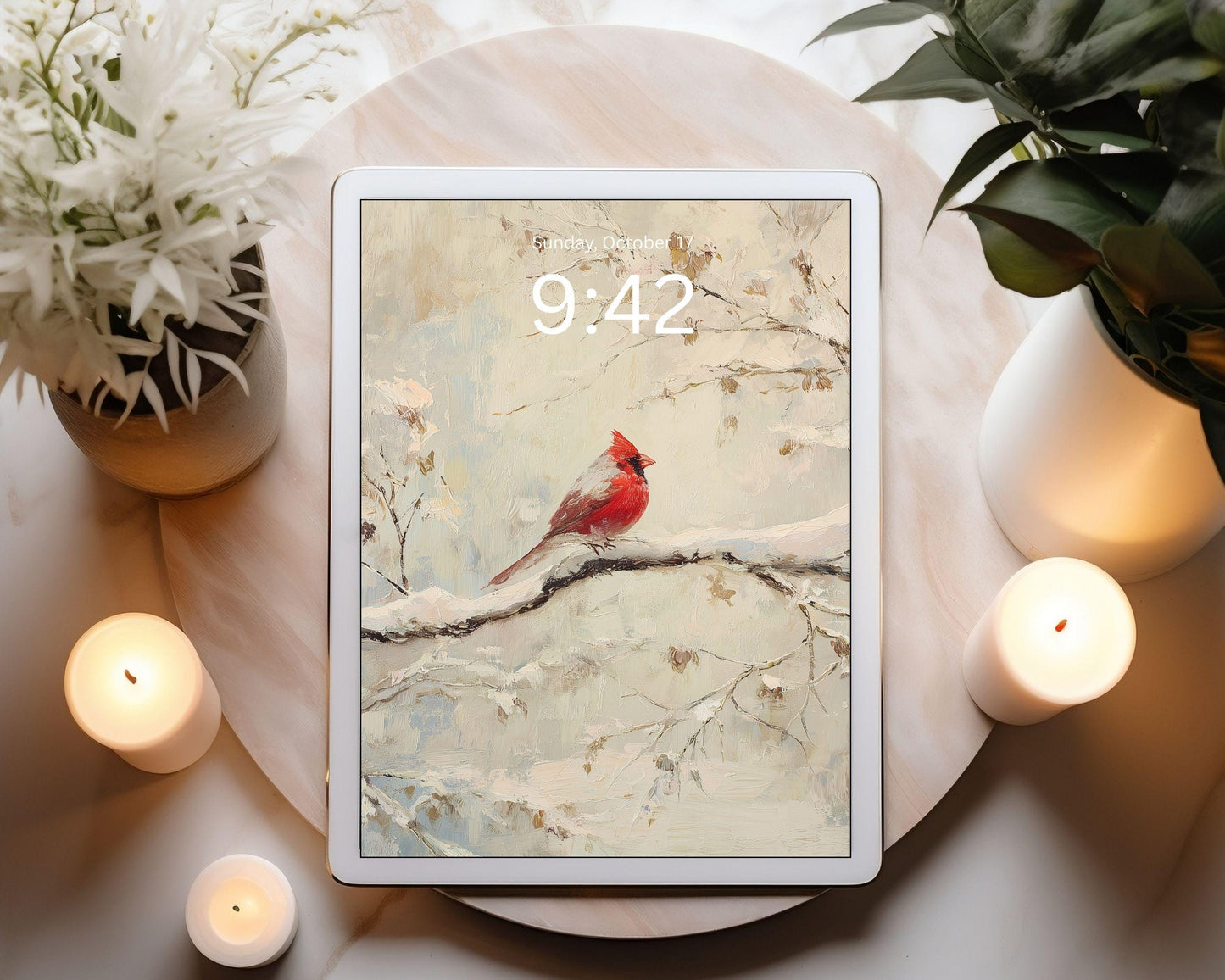 Red Cardinal Desktop Wallpaper Set, Christmas Phone Wallpaper, Winter iPhone Wallpaper, Aesthetic iPad Background Vintage Style | WS156
