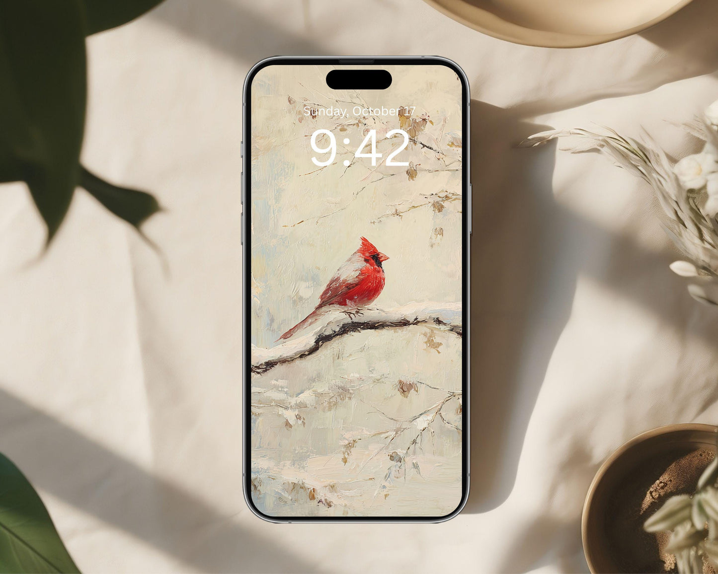 Red Cardinal Phone Wallpaper, Christmas iPhone Wallpaper, Winter Samsung Galaxy Phone Background, Vintage Style Art | WP156