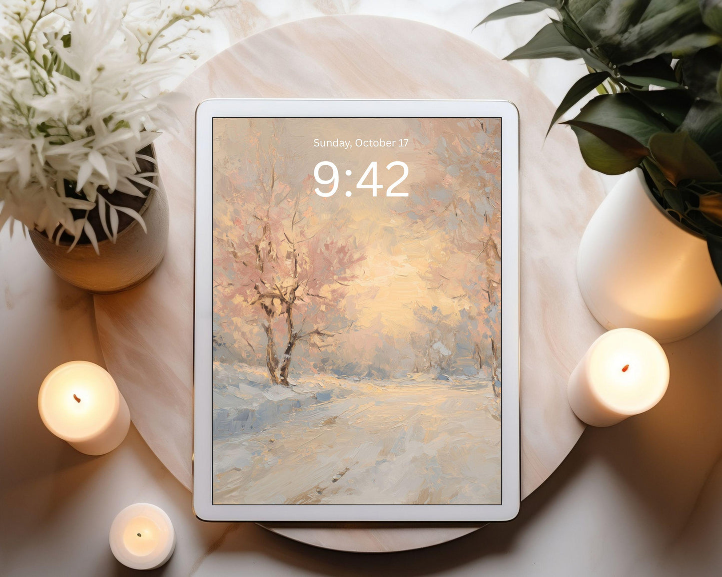Pink Winter Desktop Wallpaper Set, Snowy Landscape Wallpaper, Aesthetic iPhone Wallpaper, iPad Background Vintage Style Painting | WS159
