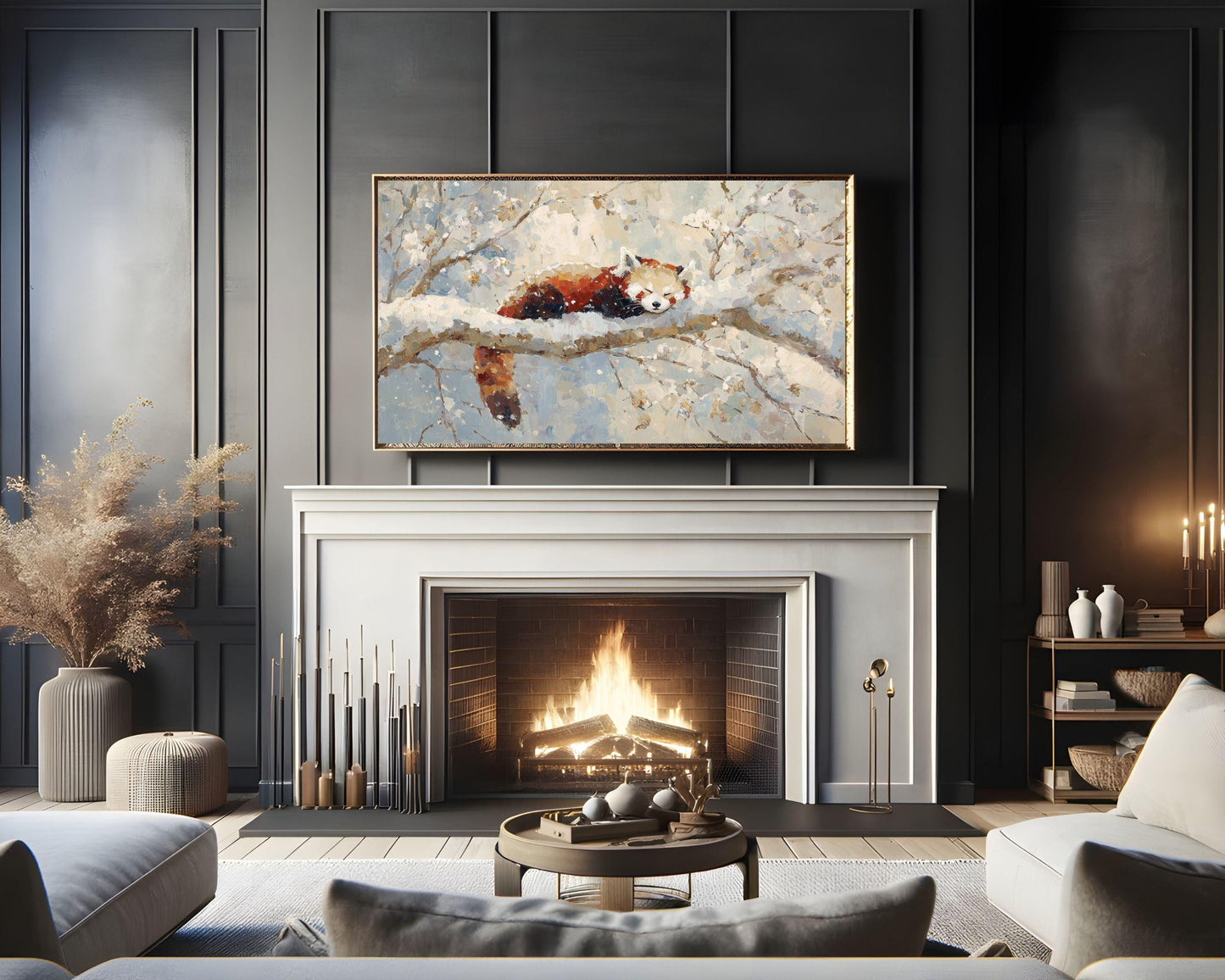 FRAME TV art Red Panda Sleeping, Samsung Frame TV art Winter Tree, Vintage Style Painting Cute Animal | TV1102