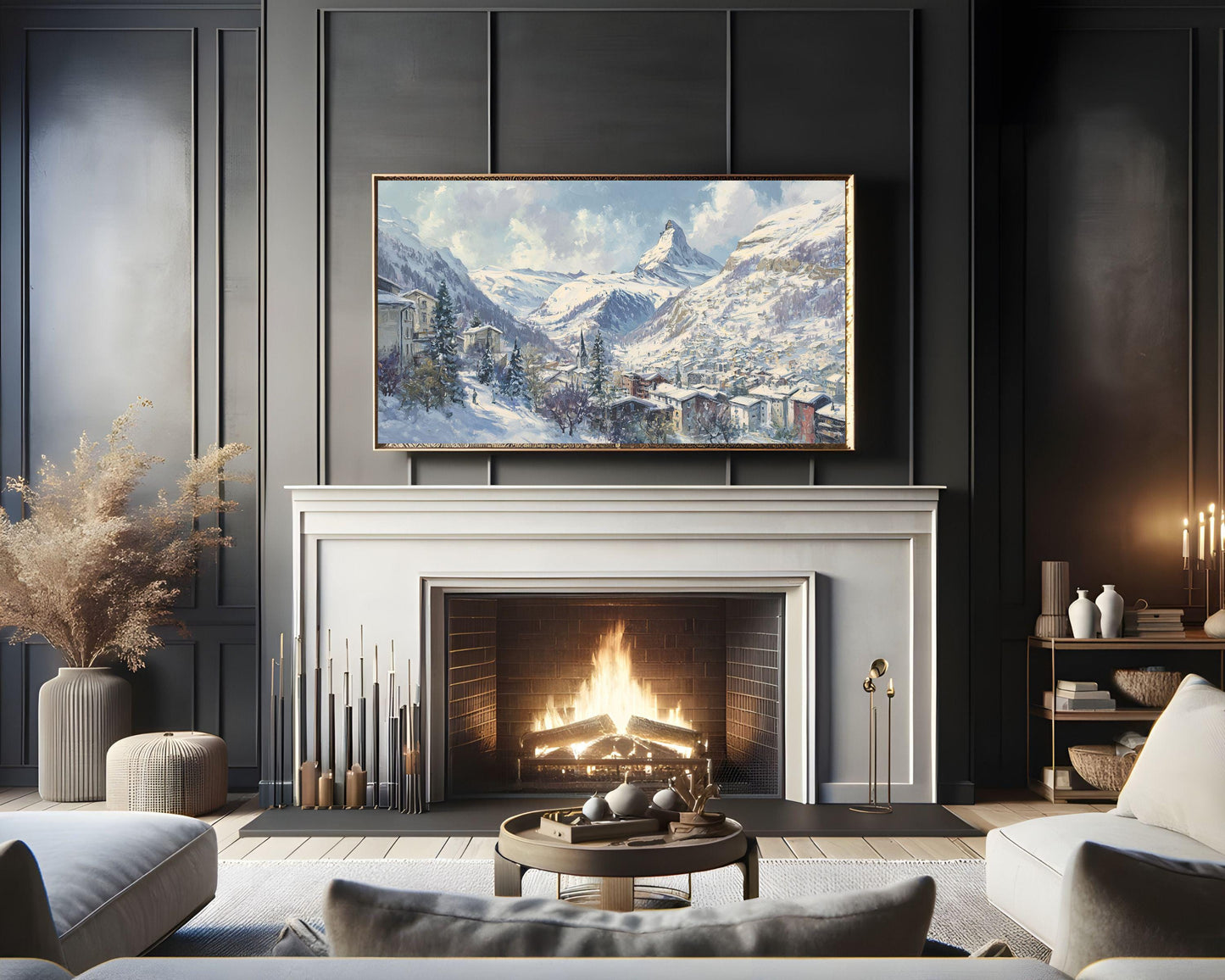 FRAME TV art Zermatt in Winter, Samsung Frame TV art Swiss Alps, Vintage Style Painting Alpine Ski Village | TV1104
